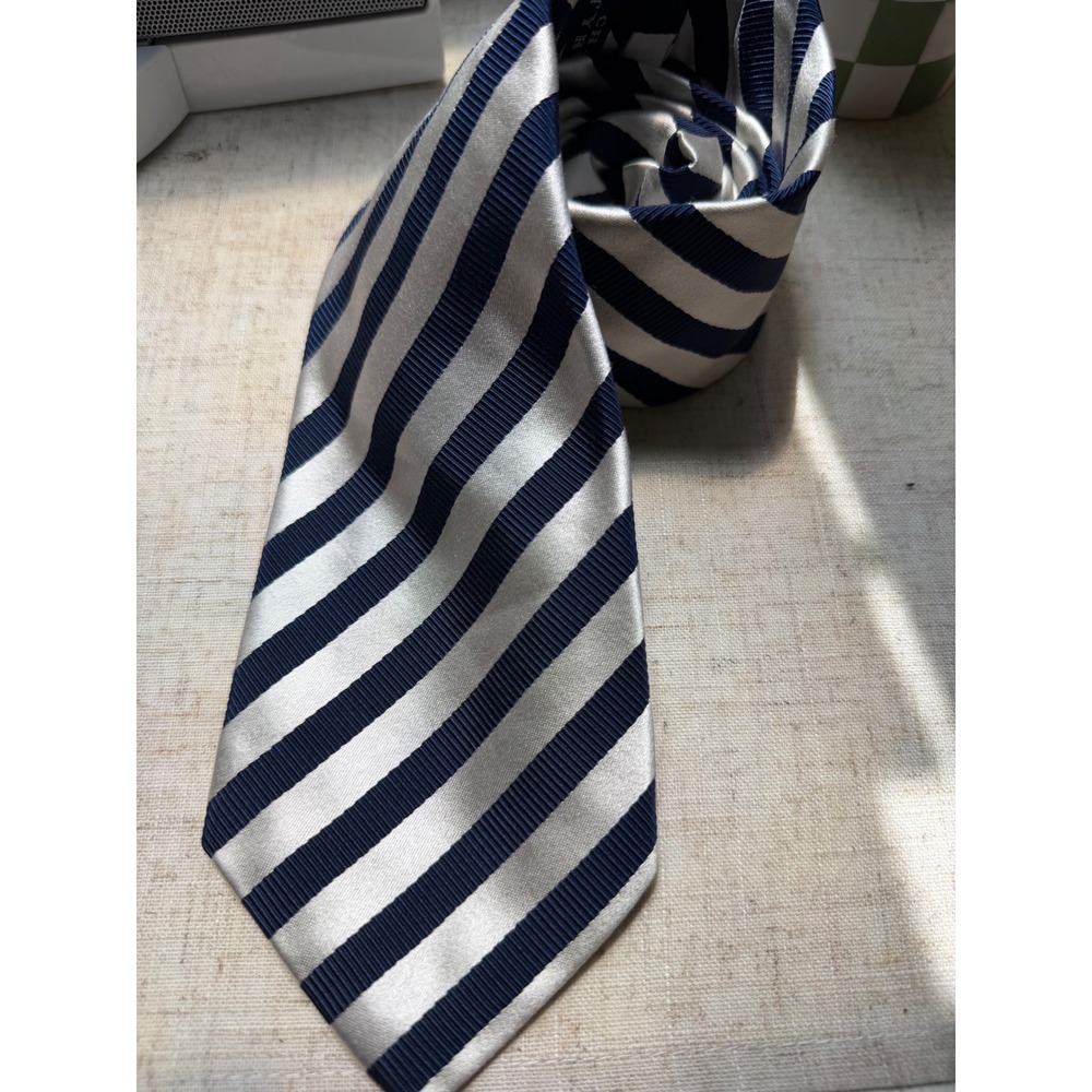 Charles Tyrwhitt English Seven-Fold Tie Navy Cream Striped Silk Cotton England